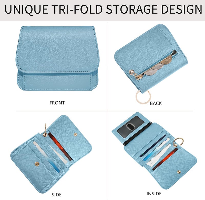 Sunpour Women Small Wallet RFID Blocking Slim Wallet with Coin Pocket Tri-Fold Credit Card Holder with ID Window and Keychain (Blue) - Image 4